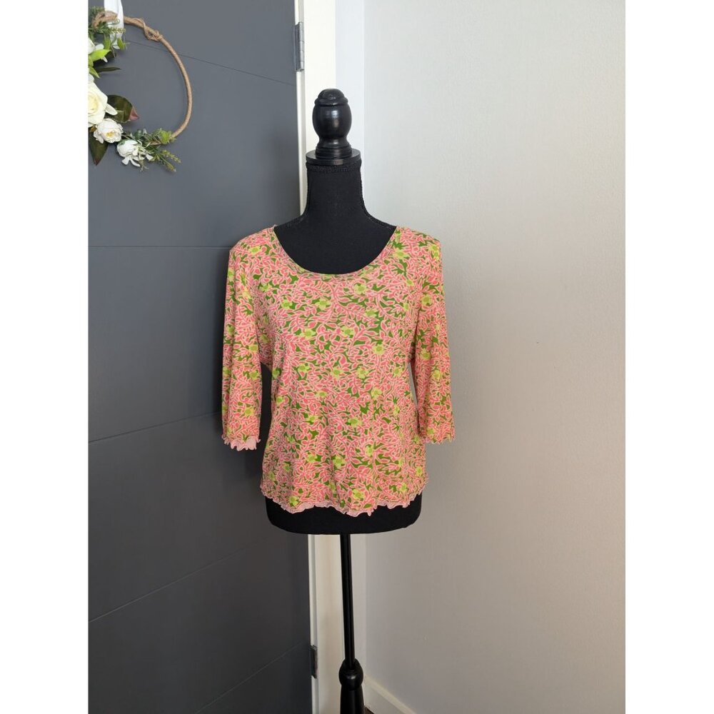 Sigrid Olsen Pink‎ & Green Layered Mesh Lettuce Hem Floral Top - Petite L